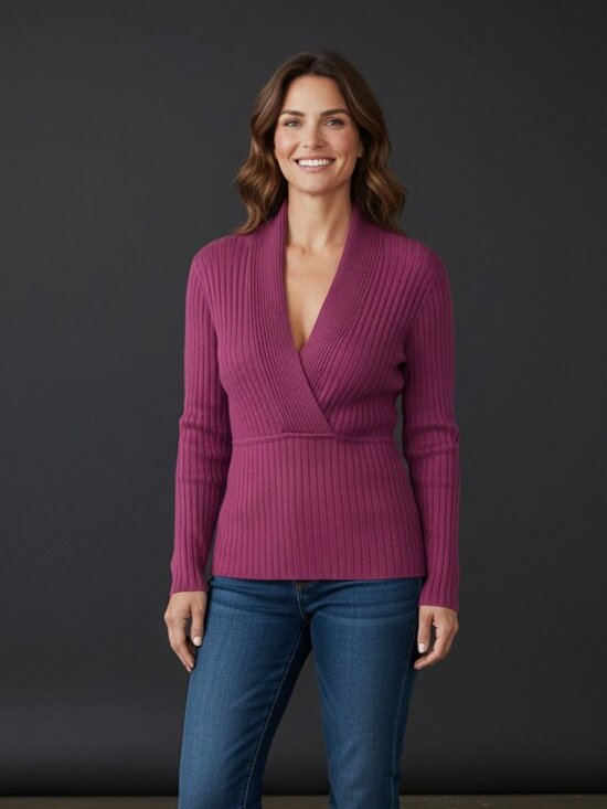 Danier Sweaters - Danier Ribbed V-Neck Sweater in Raspberry
